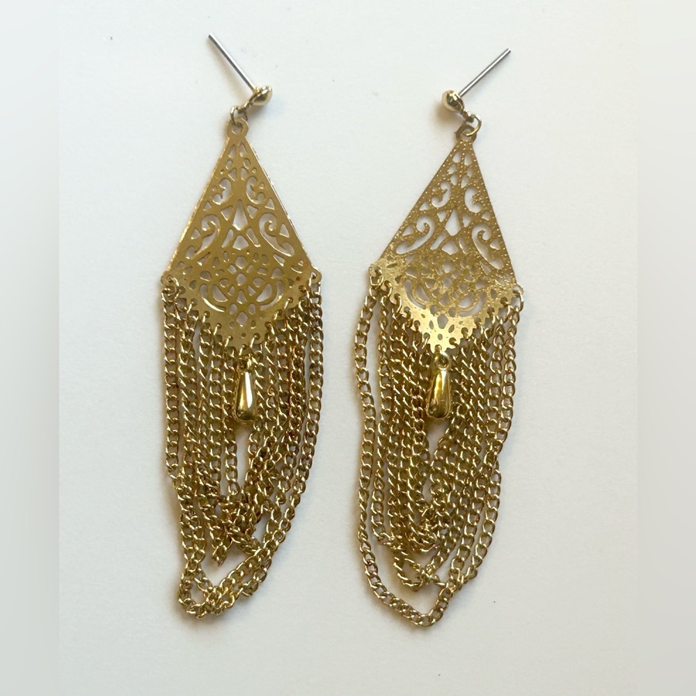 Vintage Gold Filigree Fringe Chandelier Earrings Boho Statement Gold Earrings - Picture 3 of 5